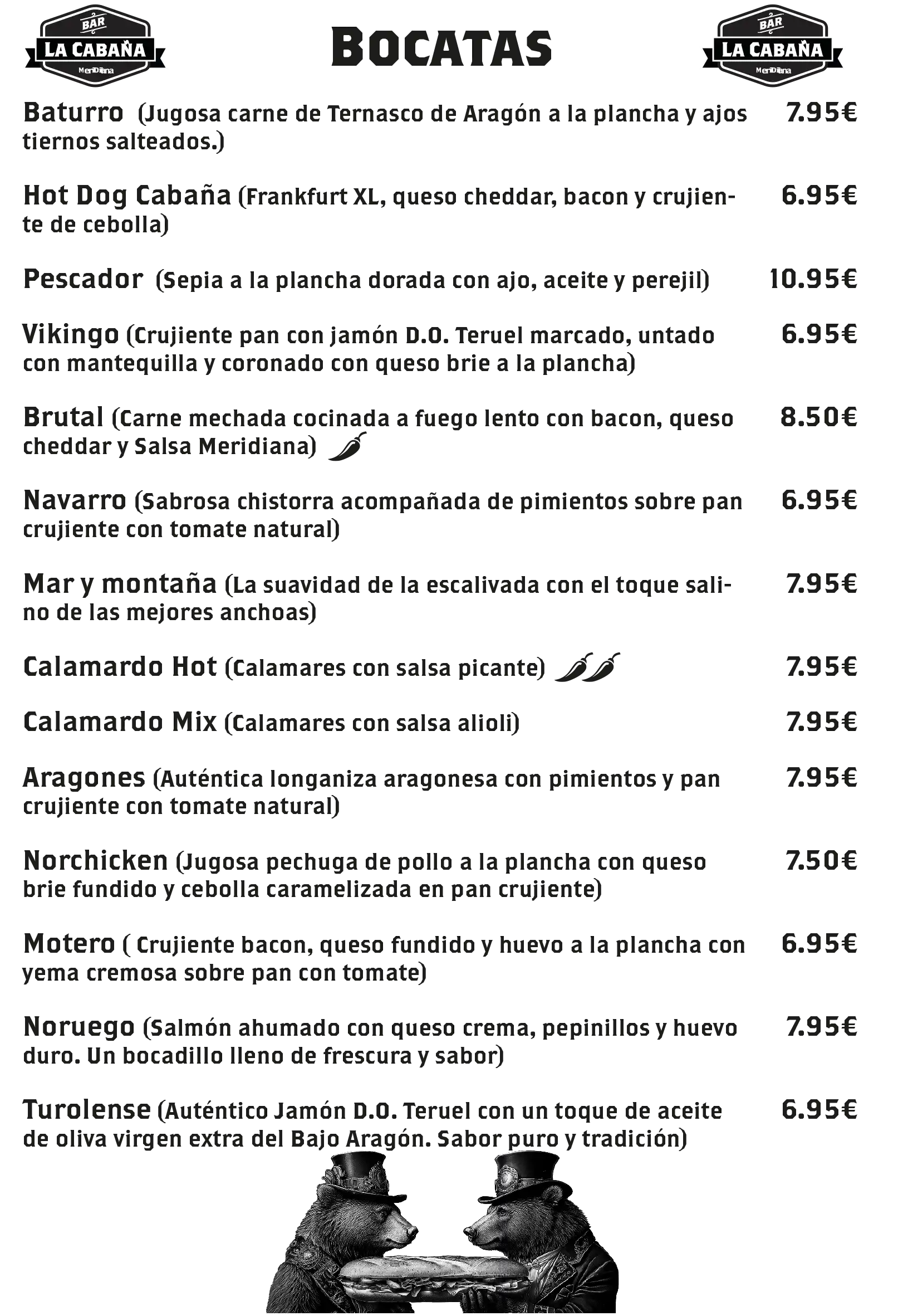 Carta Bocadillos bar la cabaña alcañiz