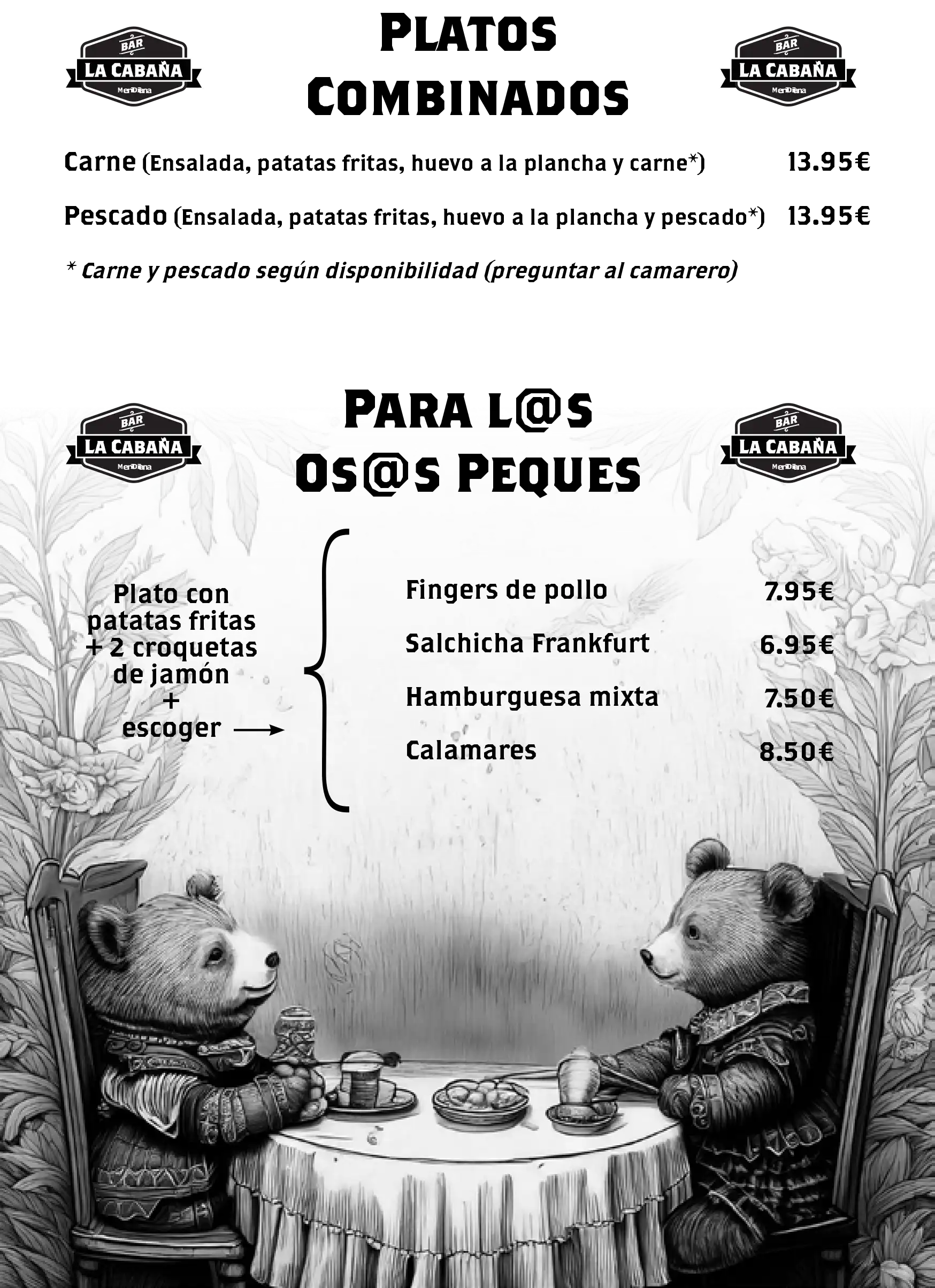Carta Platos Combinados bar la cabaña alcañiz