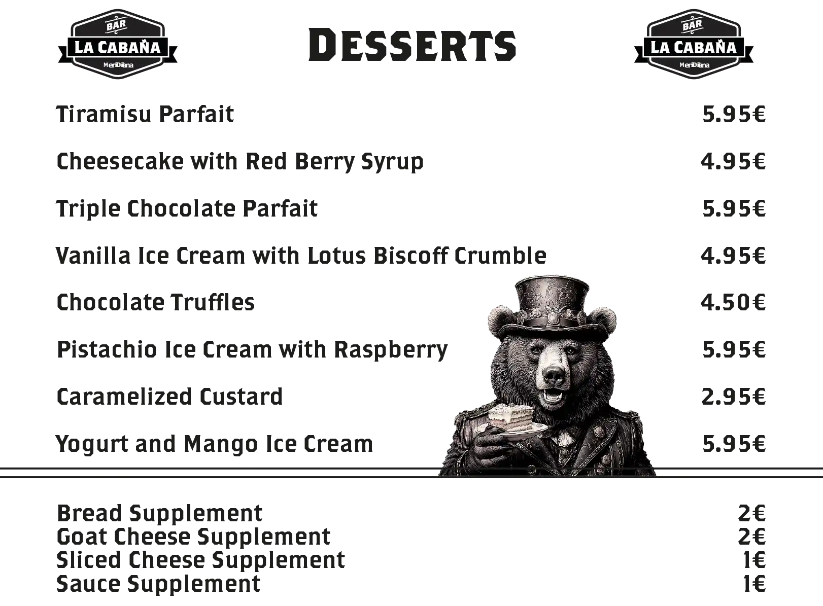 Menu Desserts Bar La Cabaña Alcañiz