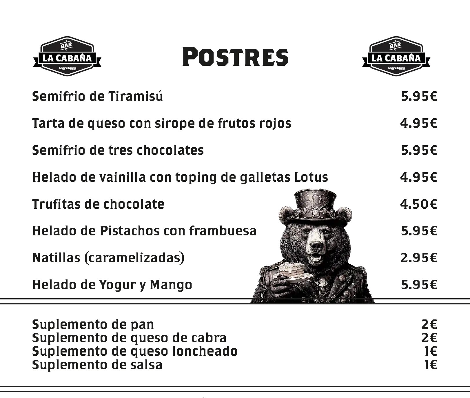 Carta Postres bar la cabaña alcañiz
