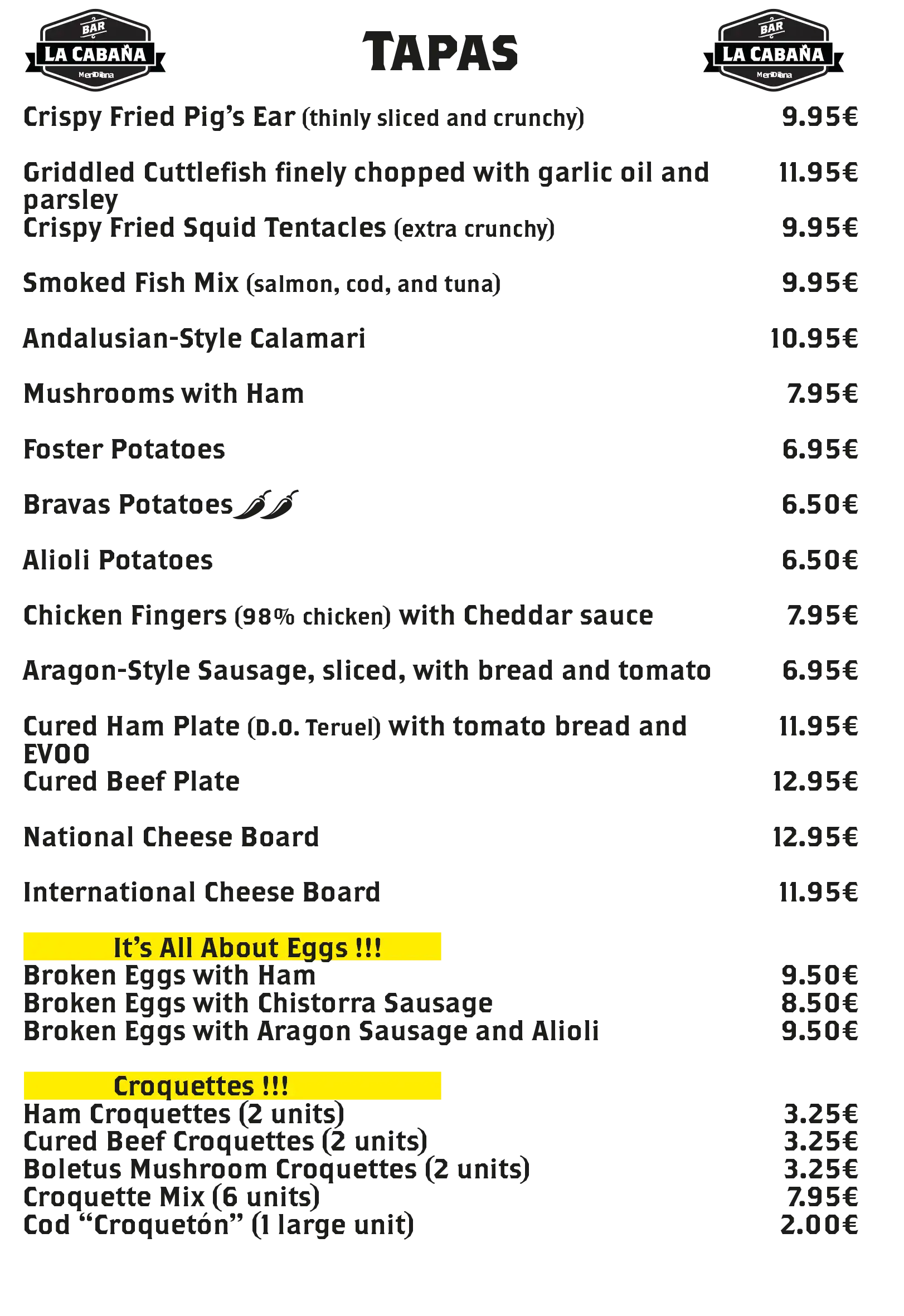 Menu Tapas Bar La Cabaña Alcañiz