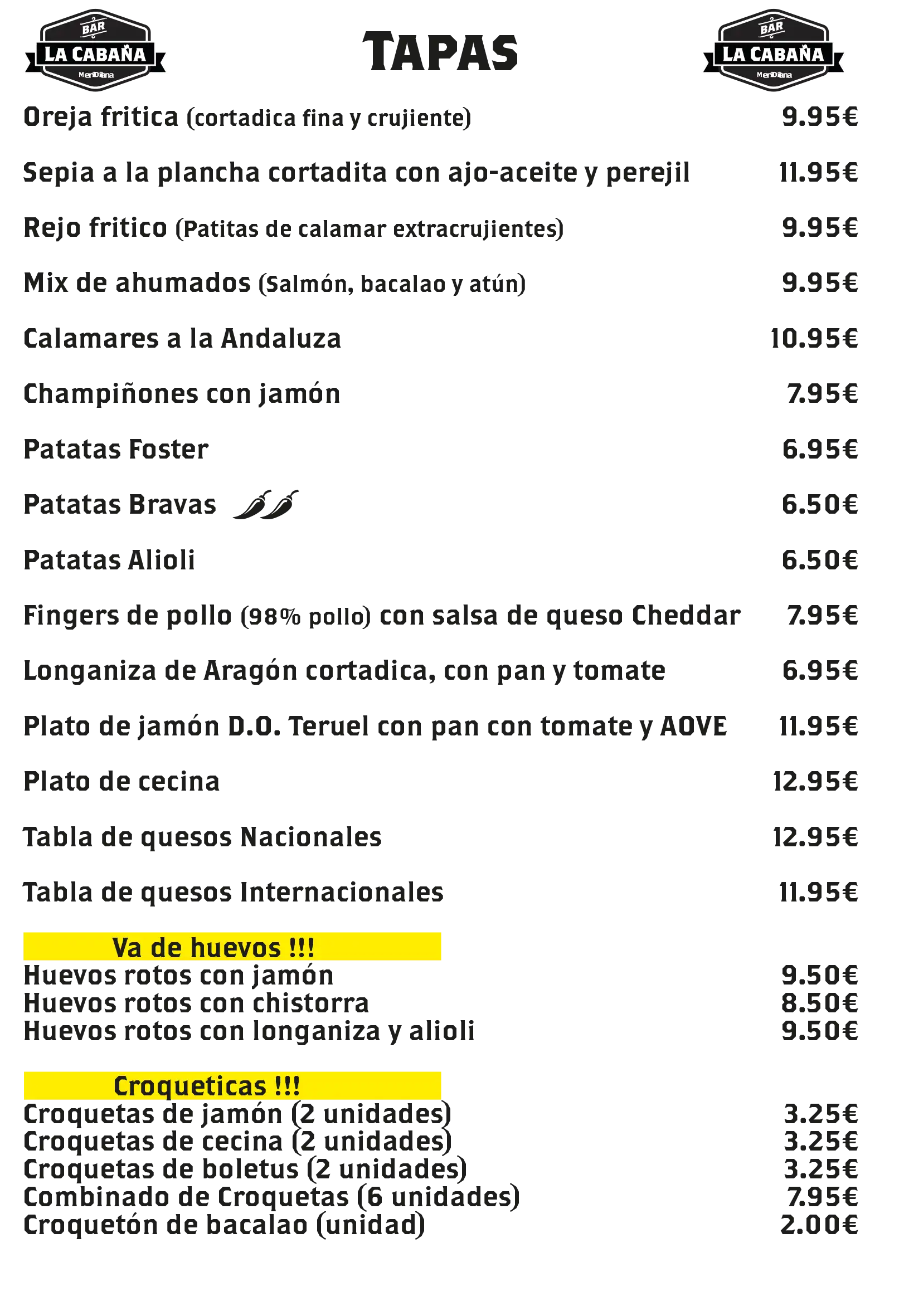 Carta Tapas bar la cabaña alcañiz